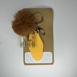 Brown Poof With Acrylic M Yellow Motel Tag Keychain