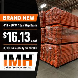 New Pallet Rack 4" x96" wide step load beams. No rust, no dents and no hard to remove stickers / labels. Priced less than used!