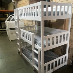 Triple bunk bed. Available in white & espresso. Assembly required. Assembly not included. Taxes included. Free delivery.  Bunk bed only-$450 Bunk bed 