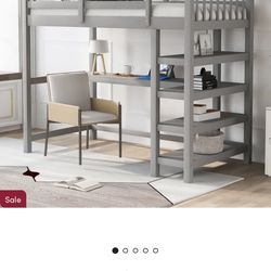 Gray Wood Twin Loft Bed with Bookcase 