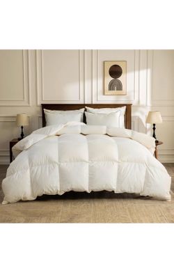 BPC Feather Down Comforter King Size, Hotel-Luxury Fluffy Duvet Insert with Organic Cotton Cover and Puffy Feather Down Filling for All-Season, Ivory