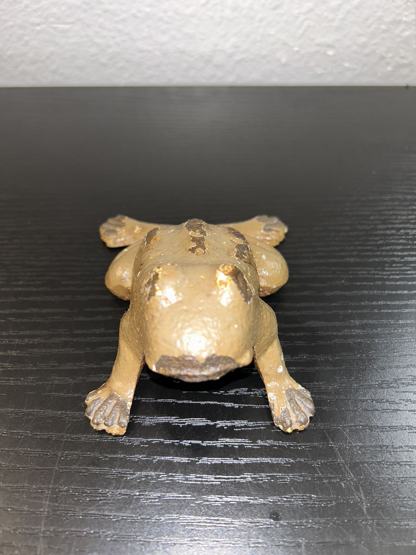 Vintage Cast Iron Frog Paperweight or Door Stop Patina Cast Gold Paint Rustic 4”