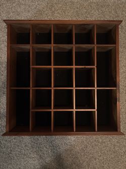 Wooden shot glass display shelf — wall-mountable, 14x14