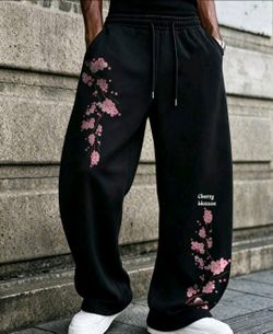 Cherry Blossom Print Wide-Leg Sweatpants