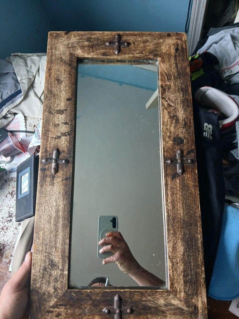 Rustic Antique Mirror With Snall Croasses On It Rare Rare