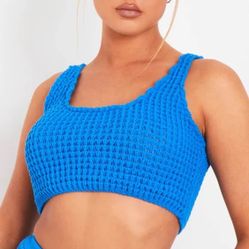 Missy Empire Laurel Blue Crochet Knit Crop Top and skirt set M/L 