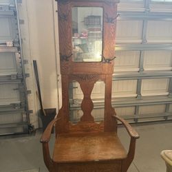 Antique 19th Century Oak Hall Tree Bench with Mirror & Storage