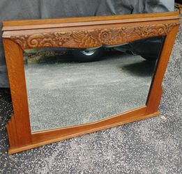 Antique Vintage Art Deco Carved Mirror Oak 1930s Dresser Buffet Vanity Desk Cabinet Sideboard 004