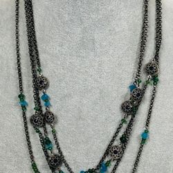Coldwater Creek  Four Strand 12 In Necklace W/Blue Rhinestones  Blue Sea Glass &3 In Extension