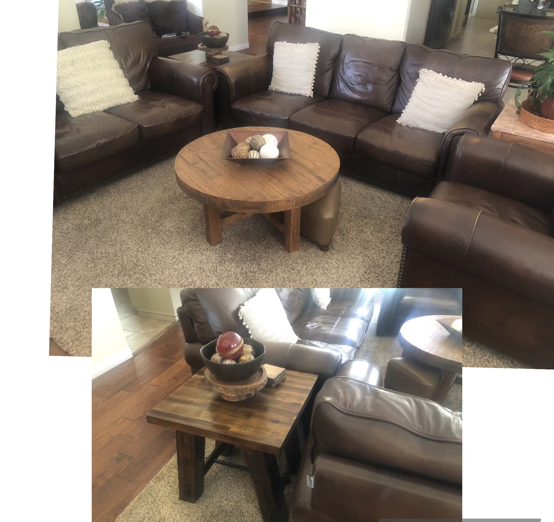 3 Piece Leather Sofa, Love Seat, Chair Set with Brown Wood End Table.
