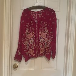 Johnny Was Jenai Womens Blouse Large Floral Embroidered Tunic Top