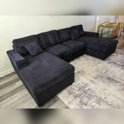 Black corduroy Double chaise sectional sofa