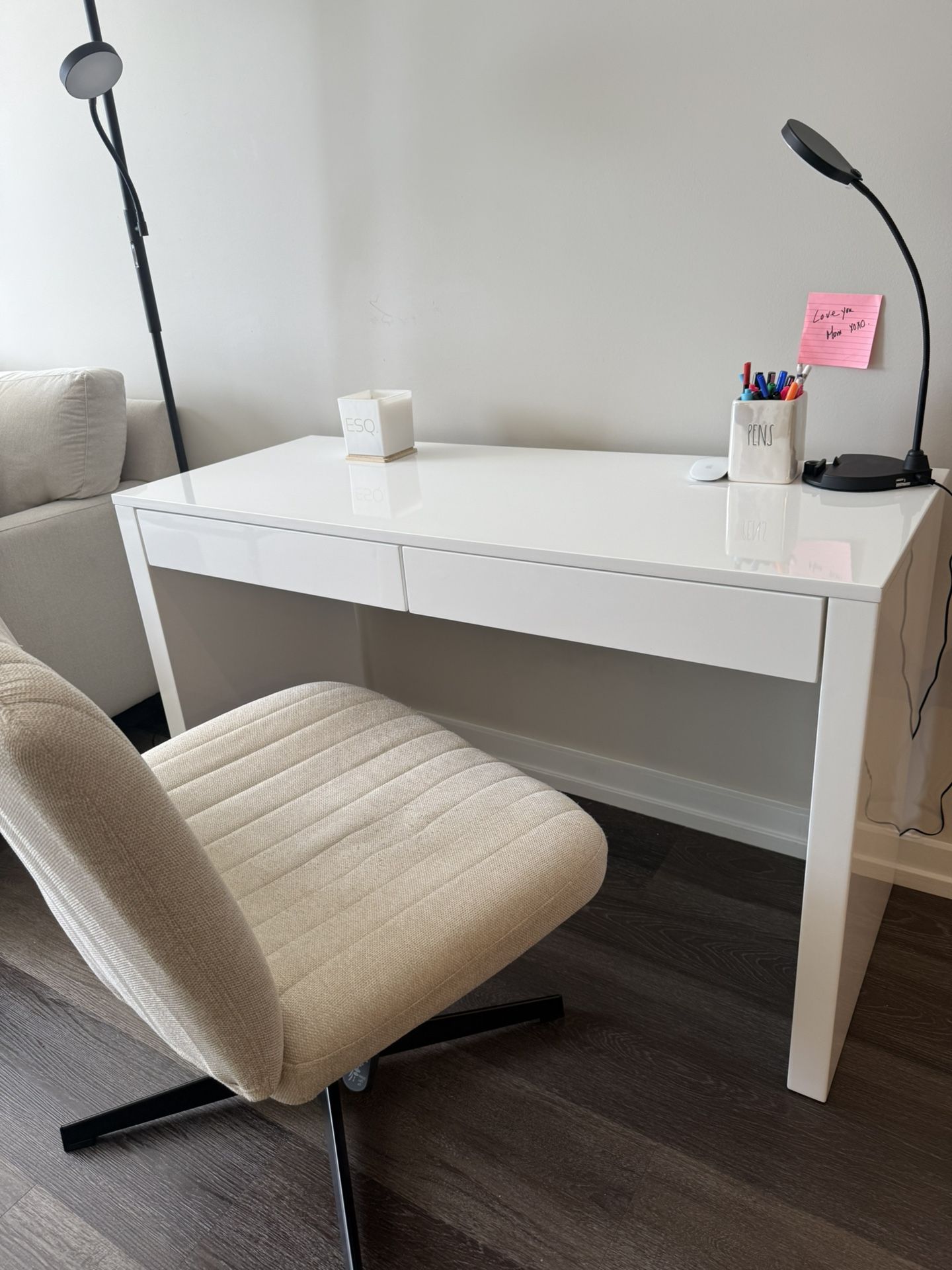 CB2 White Two-Drawer Lacquered Wood Desk + Orange Factory Chair