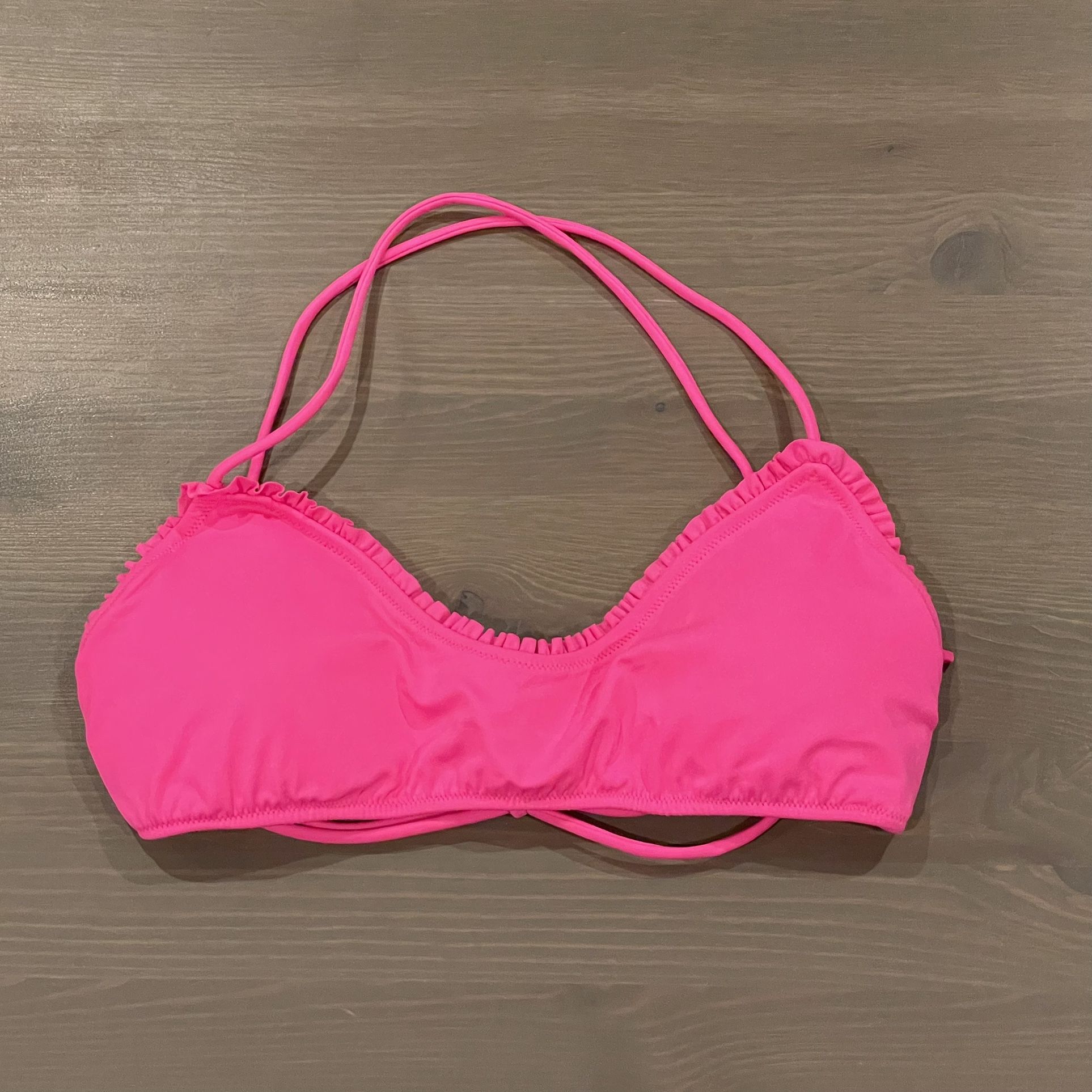 Hot Pink Ruffle Edge Bandeau Halter Bikini Top, M