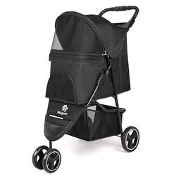 Pet Dog Stroller, 3 Wheel Cat Dog Stroller With Storage Basket And Cup Holder For Small And Medium Cats, Dogs Travel Folding Carrier Stroller (Black)