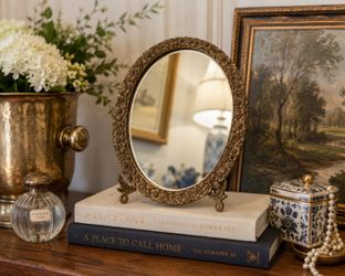 Vintage Brass Tone Floral Ornate Mirror On Brass Stand Collectible Retro French Style Mid Century Vanity Table Decor