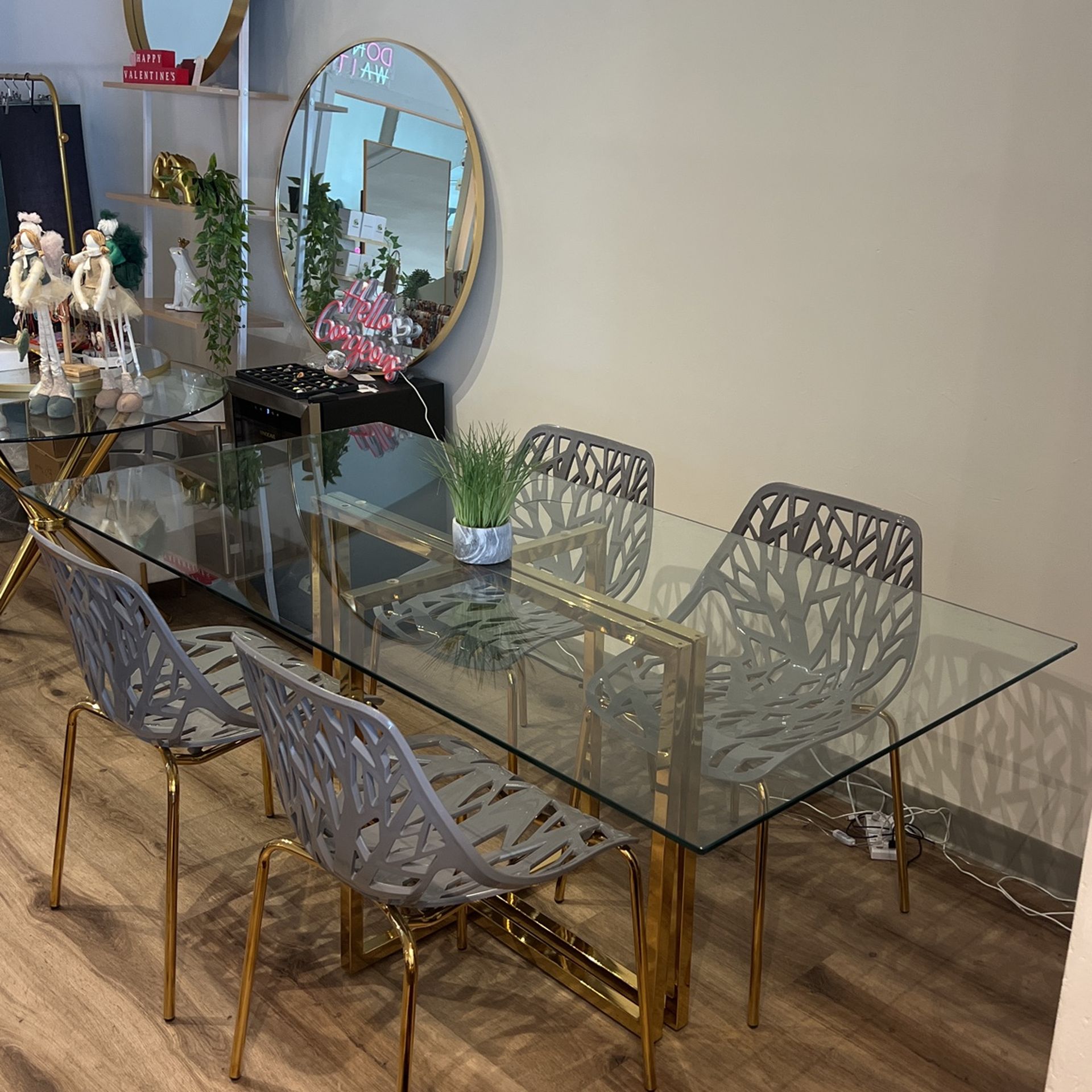 Gold Glass Large Dining Table Set & 4 Chairs