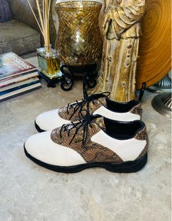 Men’s Asics Gel Venom Golf Shoes  White Brown Snakeskin Print Size 10.5
