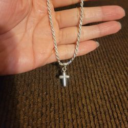 925 Solid Sterling Silver Diamond Cut Rope Necklace w/ Small Mini Cross Charm for Women 18" Plata Italiana 925 Cadena con Dije Para Dama 18"