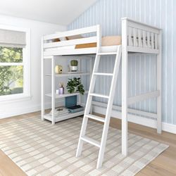 Max & Lily High Loft Bed, Twin Bed Frame For Kids With Bookcase, White