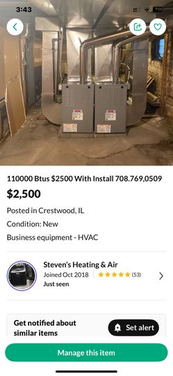 11000 Btus 80 % Furnace $2200 708,769,0509