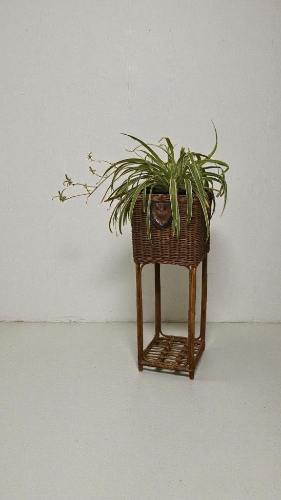 Vintage Wicker Plant Stand • Tall Rattan Planter Basket • Boho Home Decor