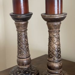 Wood Pillar Candle Holder Set 