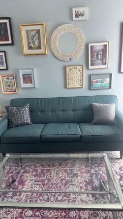 Crate and barrel teal three seater couch
