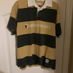 Vintage 90s American Eagle Polo Rugby Shirt Mens Large Yellow Green Striped