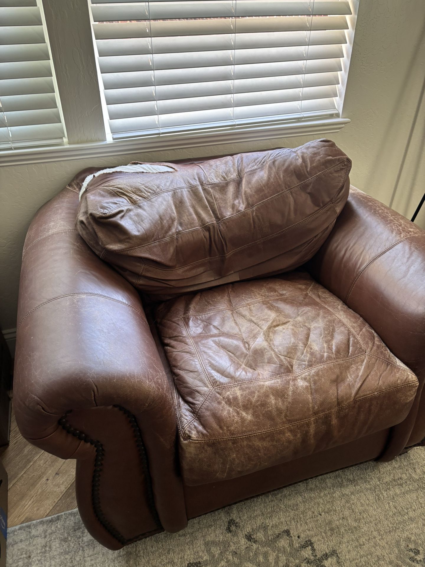 $40 OBO- Large Brown Leather Chair- Hole In Top! Needs Patching. 