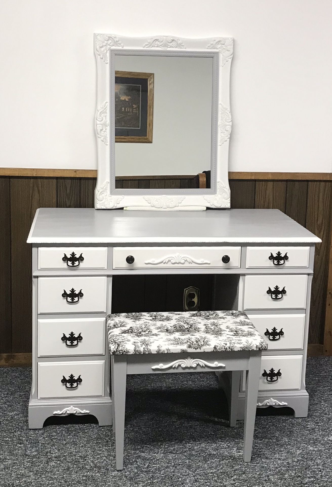 Vintage Makeup Vanity, Ornate Mirror and Bench