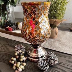 Gold & Silver Mirrored Glass Mosaic Hurricane Candle Holder