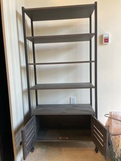 Pair of Dark Wood Bookshelf with Cabinet and Wheels