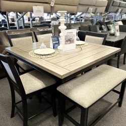 6pcs Dining Set ((Table, 4 Chairs & Bench))
