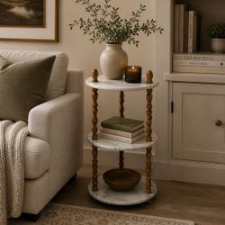 Vintage 3 Tier Italy Round Marble Blonde Brown Wood Plant Stand Side Accent Table Free Shipping 