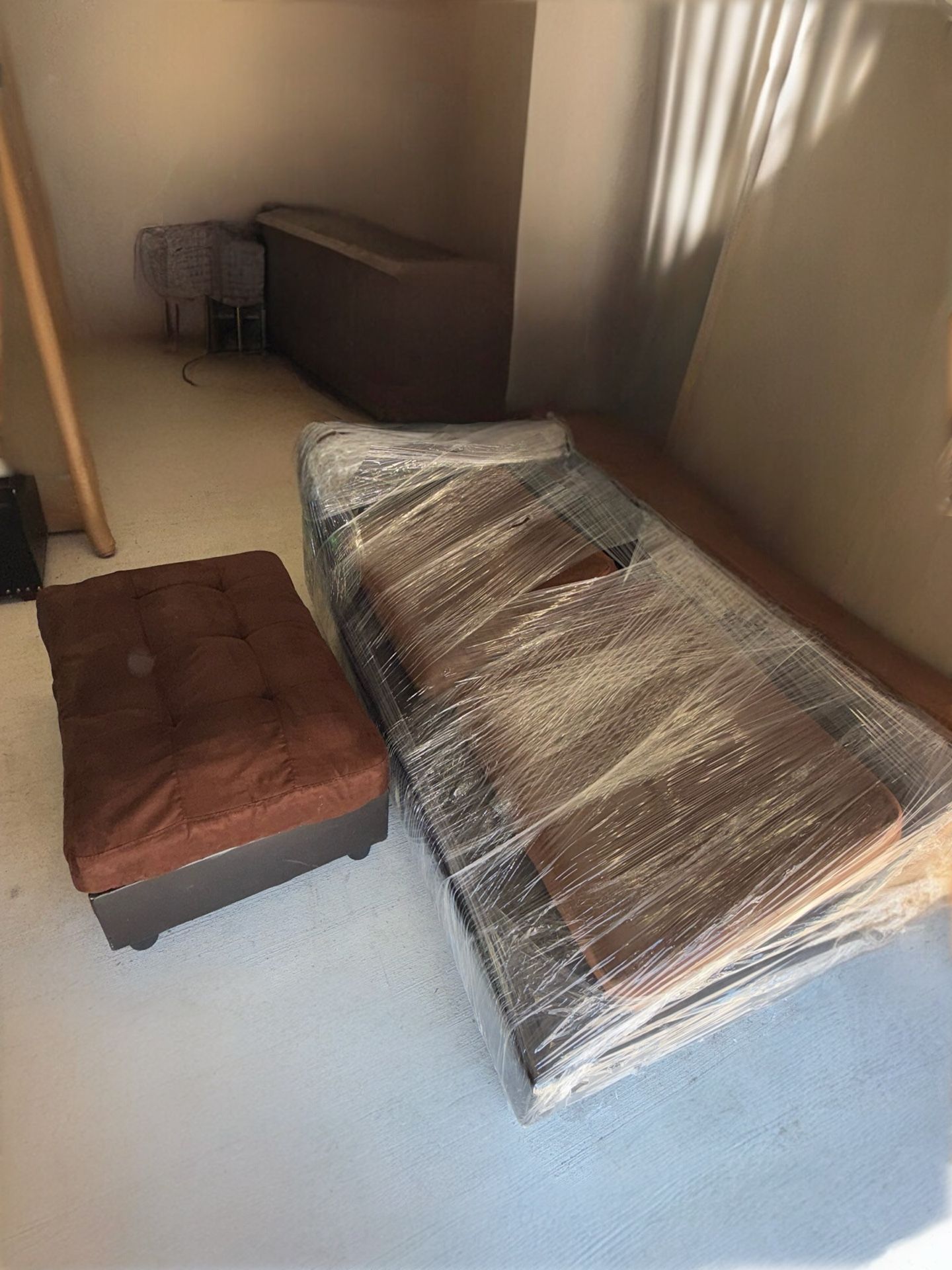 Brown Suede Futon Sofa & Ottoman Set – Comfortable & Space-Saving!