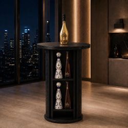 36" Tall Round Bar Table, Black Tambour Dining Table with Three-Layer Storage Shelf.