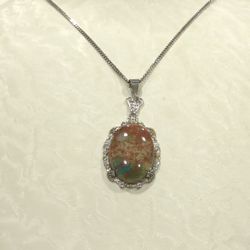 Turquoise Necklace Pendant ,engraved 2 Color Sterling Silver On Oval Turquoise 2”, Italian 925 Chain 18”