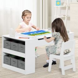 2 in 1 Kids Art Table and Chair Set, Toddler Craft Play Wood Activity Desk