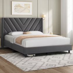 Queen Size Bed Frame Dark Grey Velvet 