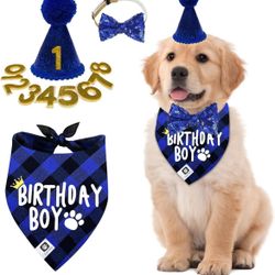 Dog Birthday Decorations, Dog Headscarves, Cute Bows, Dog Birthday Hats with Numbers. (Blue)
