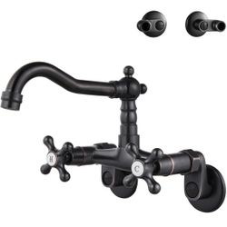 Black Aolemi  Wall Mount Kitchen Faucet, 6 Inch Spout, Adjustable Center 3 to 9 Inch, 2 Hole Two Cross Handle Mixer