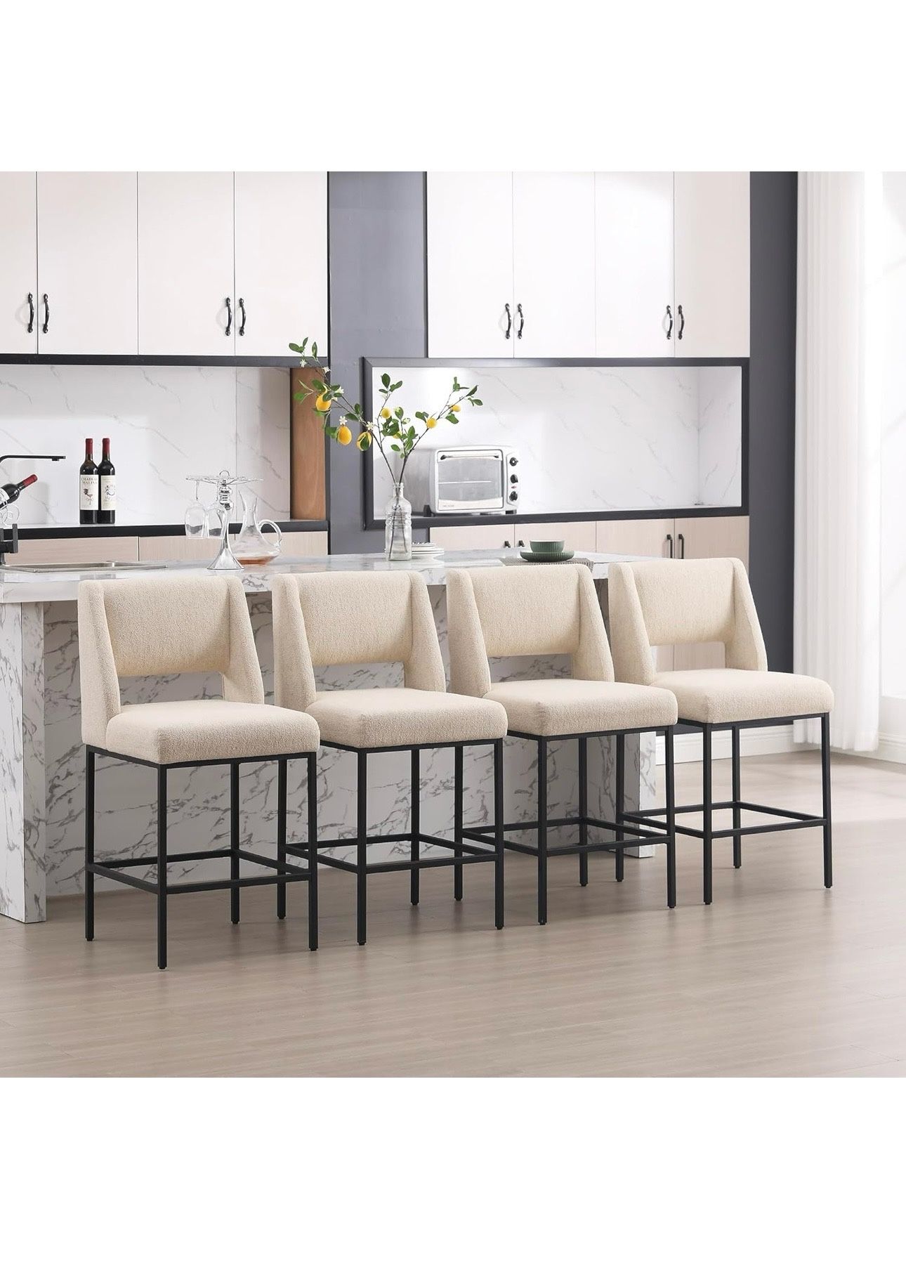 Upholstered Counter Height Stools Set of 4, Linen Fabric Bar Stools with Backs, 26" Modern Counter Height Chairs for Kitchen Island, Luxury Metal Bars