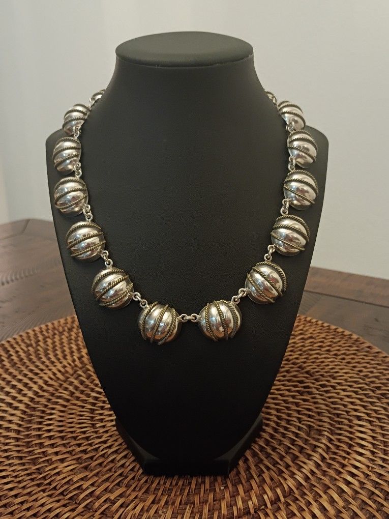 Vintage Taxco Mexico 925 Sterling Silver & Brass Necklace