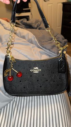 Coach Black Signature Shoulder Bag with Cherry Charm