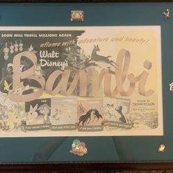 Disney Vintage Bambi Movie Promotional Ad Poster Framed With 8 Collectible Pins