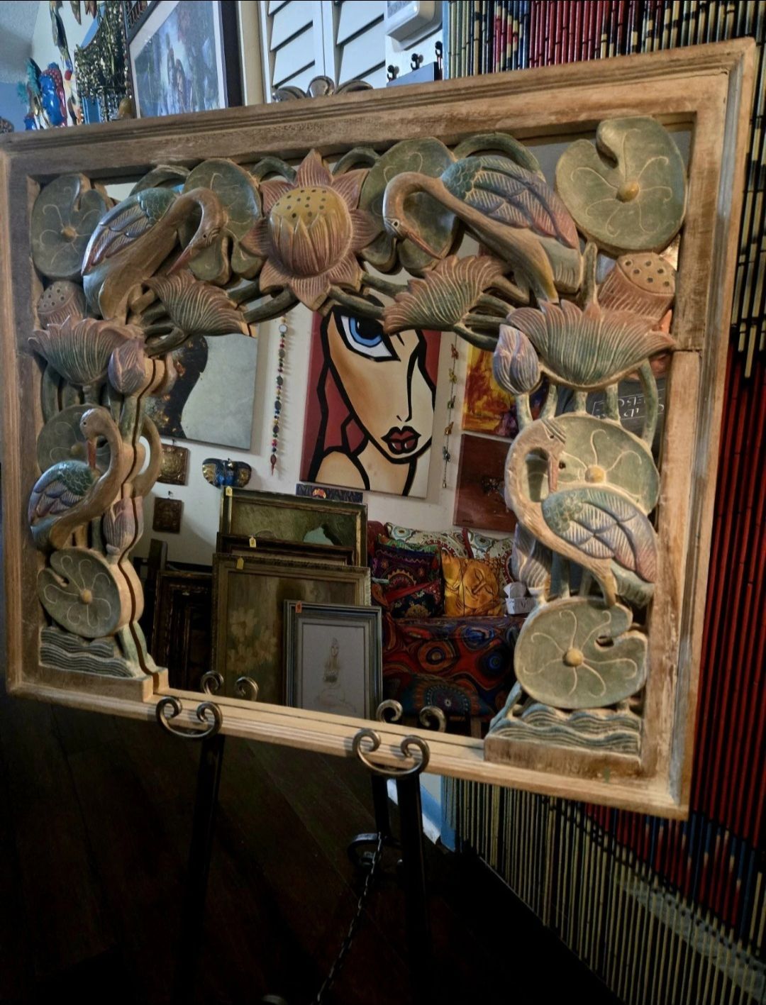 MCM Handcarved Wooden Mirror featuringa scenic Lotus and Crane Design Thailand 31.5"×26.5"
