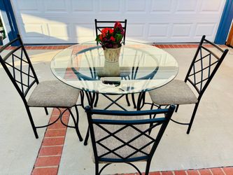Round Glass Dining Table & 4 Upholstered Chairs – 5-Piece Set