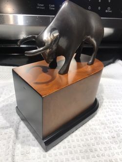 Vintage Brass Bull Wall Street Bookend On Wooden Base