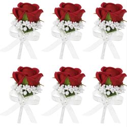 Set of 6 Red Rose Boutonniere for Men, Groom and Best Man Artificial Flowers Boutonnieres